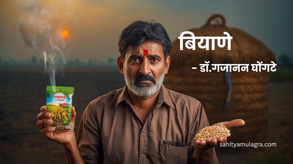 बियाणे ह्या कवितेत एका हताश भारतीय शेतकऱ्याचे चित्र, जो आपल्या सुकलेल्या सोयाबीन शेतात बसला आहे. हे चित्र संकरित बियाण्यांमुळे झालेल्या नुकसानीचे आणि शेतकऱ्याच्या वेदनेचे प्रतिनिधित्व करते.