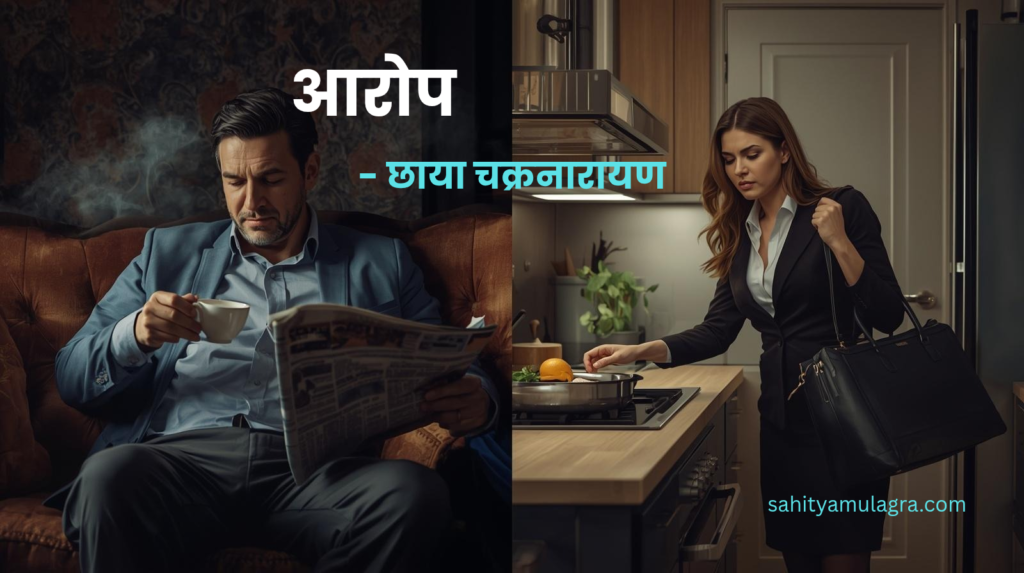 एका बाजूला ऑफिसची बॅग आणि दुसऱ्या बाजूला स्वयंपाकातील उकळता चहा अशा दोन टोकांच्या जबाबदाऱ्या सांभाळणारी थकलेली स्त्री. तिच्या चेहऱ्यावर कामाचा ताण आणि डोळ्यांत उपेक्षेची भावना आहे, जे कवितेतील कौटुंबिक विषमतेचे दर्शन घडवते.