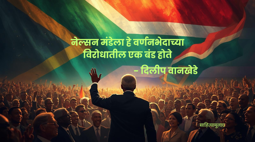 दक्षिण आफ्रिकेचे थोर नेते नेल्सन मंडेला यांचे हसतमुख व्यक्तिमत्व, ज्यांच्या मागे आफ्रिकेचा नकाशा आणि वर्णभेद विरोधातील आंदोलनाचे दृश्य दिसत आहे. हे चित्र त्याग, शांतता आणि लोकशाहीचे प्रतीक आहे.