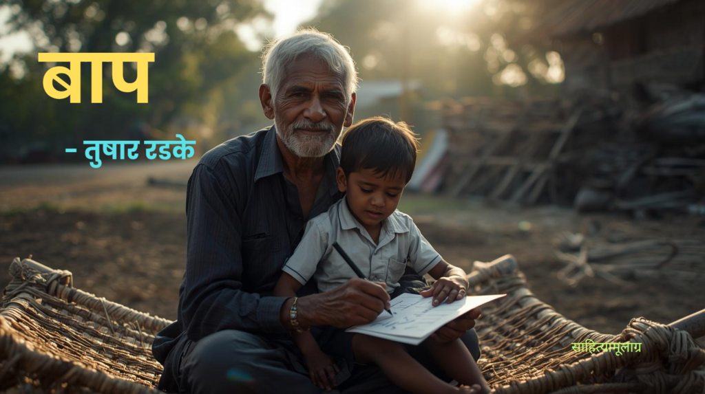 एका वृद्ध पित्याचा चेहरा, ज्याच्या डोळ्यांत मुलाबद्दलची अपार माया आणि त्यागाचे भाव आहेत. हे चित्र बापाची 'देवरूपी' प्रतिमा आणि मुलाच्या उशिरा झालेल्या साक्षात्काराचे प्रतीक आहे.