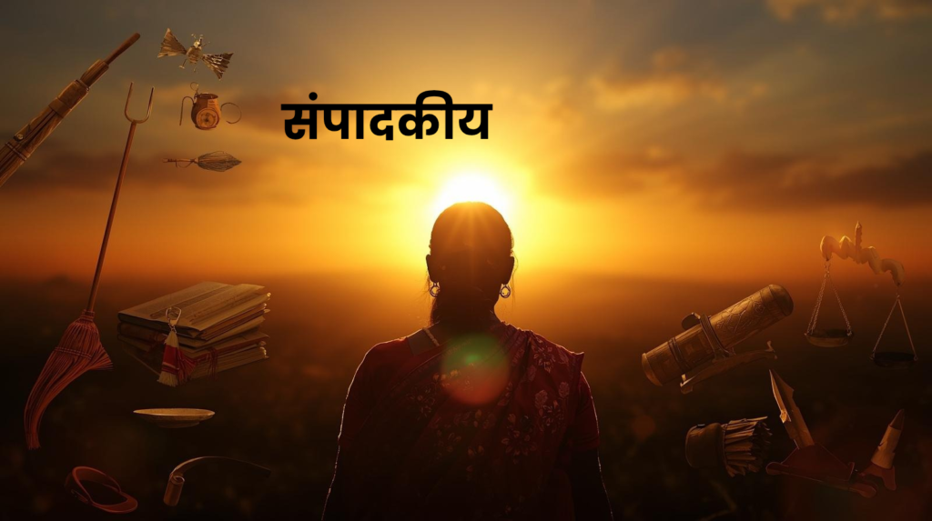 साहित्यामूलाग्र मासिकाच्या कार्यकारी संपादक मोक्षदा विजय बेलखेडे यांचे संपादकीय पृष्ठ. पार्श्वभूमीवर सावित्रीबाई फुले यांची प्रतिमा आणि आधुनिक स्त्रीच्या मुक्त भरारीचे प्रतीक असलेला उडणारा पतंग, जे स्त्रीच्या स्वातंत्र्यावरील वैचारिक मंथन दर्शवते.