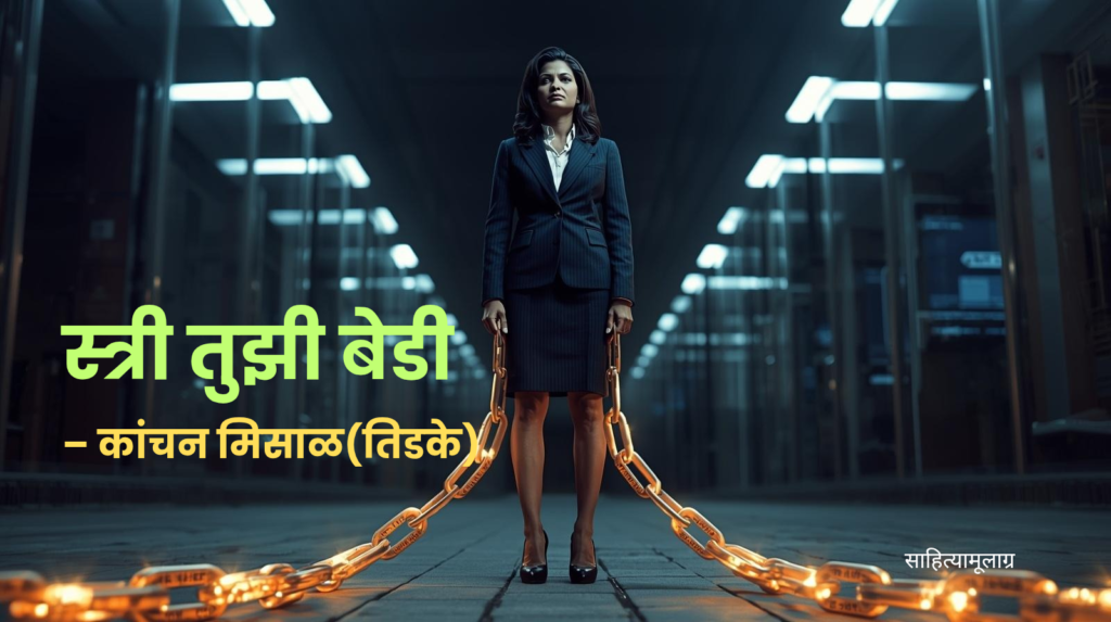 आधुनिक पेहरावातील स्त्री जिच्या पायात समाजाच्या अदृश्य बेड्या आहेत. हे चित्र 'स्त्री-पुरुष समानता' या शब्दातील विरोधाभास आणि पिढ्यानपिढ्या चालत आलेल्या मर्यादांचे प्रतीक आहे.