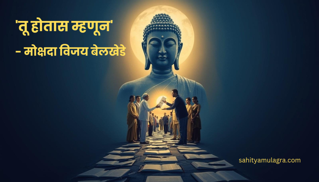एका बाजूला काळोखात पडलेली गावाकुसाबाहेरची अगतिक सावली आणि दुसऱ्या बाजूला संविधानाच्या प्रकाशात उभी असलेली स्वाभिमानी पिढी. मध्यभागी डॉ. बाबासाहेब आंबेडकरांची तेजस्वी प्रतिमा, जे या परिवर्तनाचे महानायक आहेत.