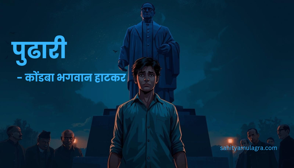 एका बाजूला निळा झेंडा हाती घेतलेला आणि डोळ्यांत प्रखर आत्मविश्वास असलेला तरुण रमेश उभा आहे, तर दुसऱ्या बाजूला अंधारात बसलेली स्वार्थी पुढाऱ्यांची टोळी दिसत आहे. पार्श्वभूमीवर डॉ. बाबासाहेब आंबेडकरांचा भव्य पुतळा आणि भीमजयंतीचा उत्साह चित्रित केला आहे.