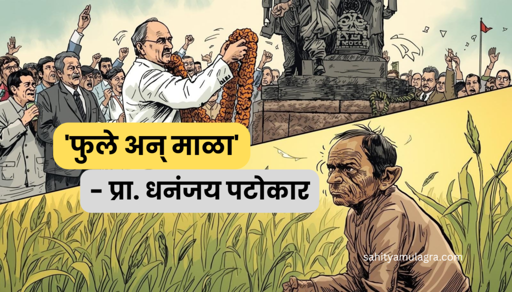 एका महापुरुषाच्या प्रतिमेला हार घालणारा पांढऱ्या कपड्यांतील राजकारणी आणि त्याच्या मागे उभे असलेले घोषणा देणारे कार्यकर्ते. मात्र, चित्राच्या दुसऱ्या बाजूला शेतात घाम गाळणारा गरीब शेतकरी दिसत आहे, जे कवितेतील शोषणाचे वास्तव दर्शवते.