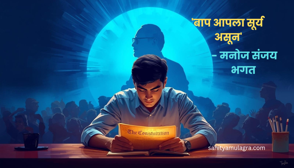 डॉ. बाबासाहेब आंबेडकरांची सूर्यासारखी प्रखर प्रतिमा आणि समोर उघडलेले भारतीय संविधान. हे चित्र ज्ञानाचा प्रकाश आणि कायद्याच्या बंधनांतून मिळालेल्या स्वातंत्र्याचे प्रतीक आहे.