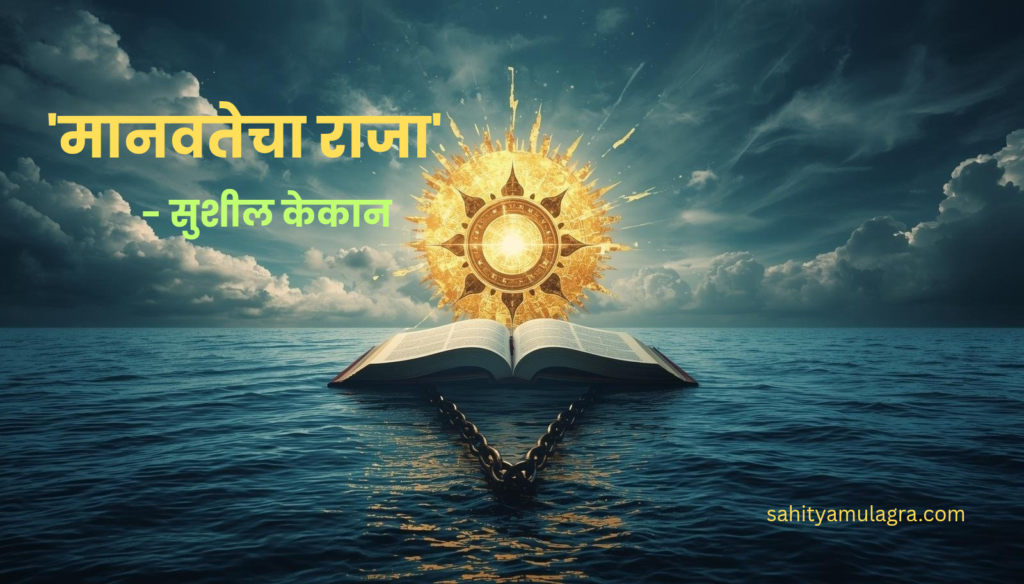 डॉ. बाबासाहेब आंबेडकरांची तेजस्वी प्रतिमा, ज्यांच्या हातात ज्ञानाची पुस्तके आहेत आणि पार्श्वभूमीवर उगवता सूर्य आहे. हे चित्र मानवता, ज्ञान आणि अन्यायाचे साखळदंड तोडणाऱ्या क्रांतीचे प्रतीक आहे.