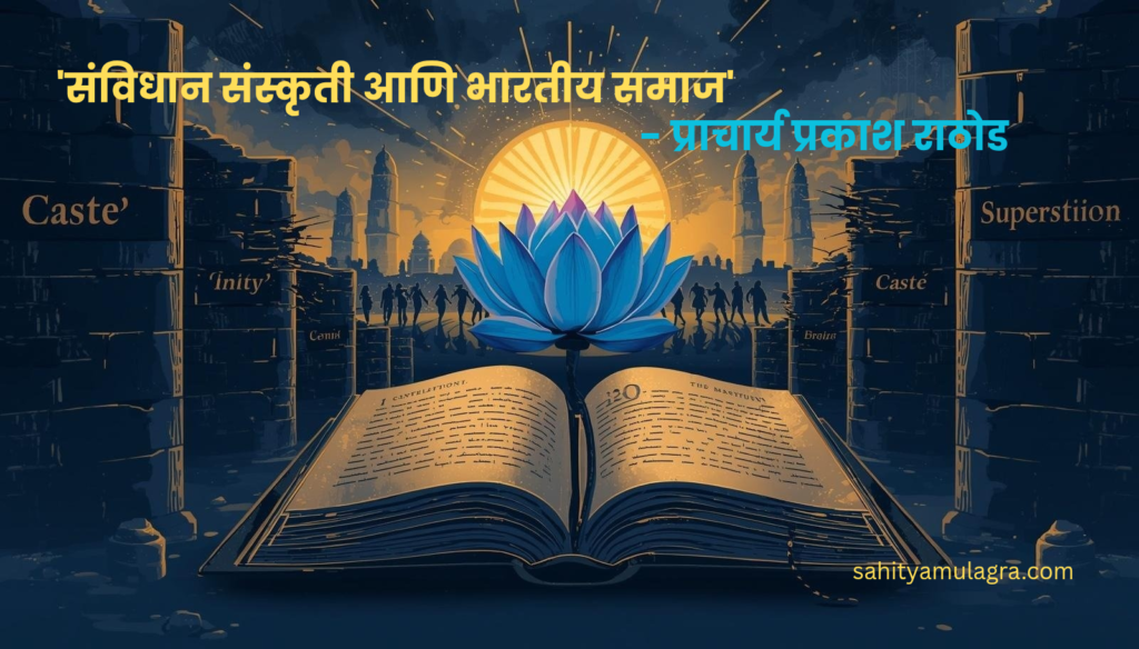 भारतीय संविधानाची उद्देशिका (Preamble) आणि त्याभोवती पसरलेला ज्ञानाचा प्रकाश. पार्श्वभूमीवर डॉ. बाबासाहेब आंबेडकरांची चिंतनशील मुद्रा असून, हे चित्र पारंपरिक धर्मांधतेकडून आधुनिक घटनात्मक मूल्यांकडे होणाऱ्या प्रवासाचे प्रतीक आहे.