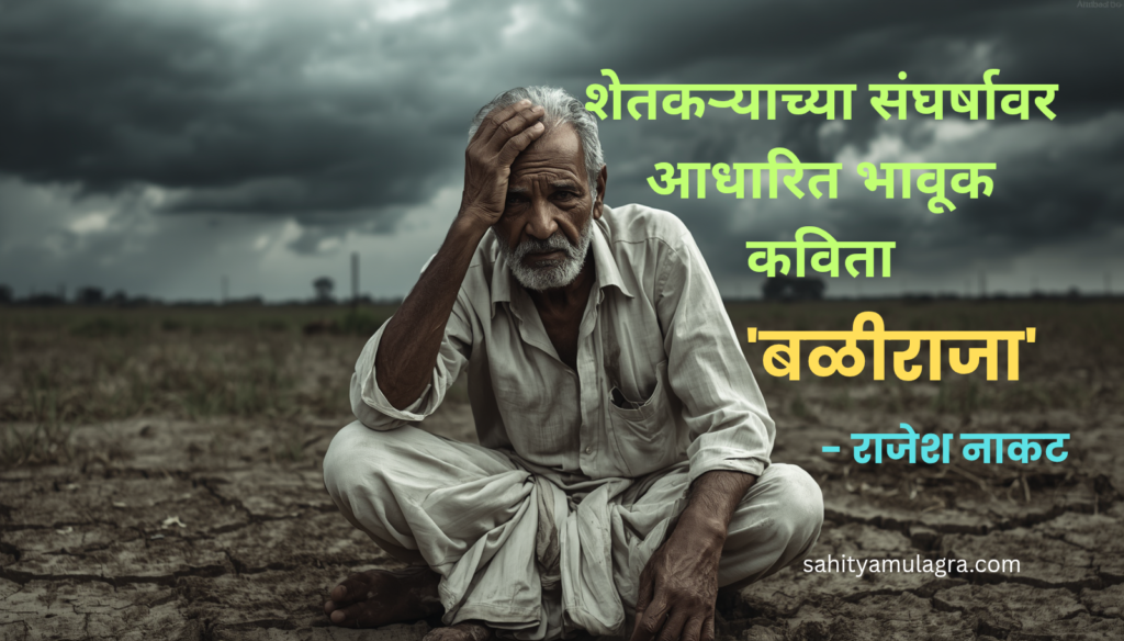 "एक वृद्ध भारतीय शेतकरी डोक्यावर हात ठेवून चिंताग्रस्त अवस्थेत वाळलेल्या शेतात बसला आहे, त्याच्या चेहऱ्यावर गरिबी आणि हतबलतेचे भाव आहेत."