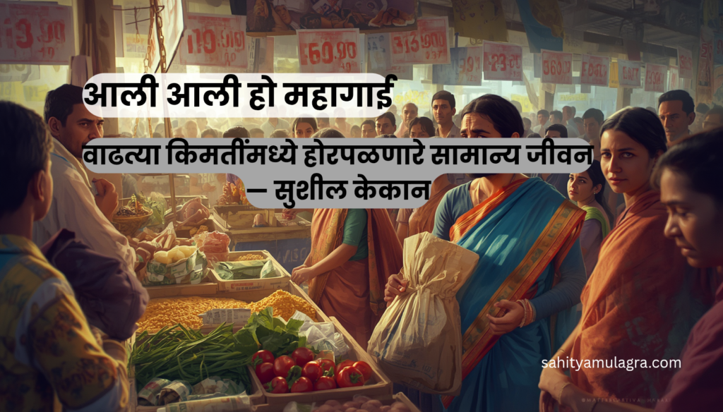 गजबजलेल्या भारतीय बाजारात भाजीपाला, धान्य आणि किराणा खरेदी करताना वाढलेल्या किमतींकडे चिंताग्रस्त नजरेने पाहणारे सामान्य नागरिक. एका बाजूला रिकामी पिशवी धरलेले कुटुंब, तर दुसरीकडे वाढलेल्या दरांचे फलक दिसत आहेत.