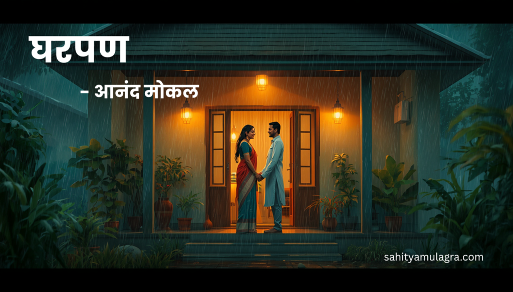 पावसाच्या रिमझिम सरीत एका घराच्या उंबरठ्यावर हातात हात घालून उभे असलेले नवविवाहित जोडपे. त्यांच्या चेहऱ्यावर विश्वास, मैत्री आणि नव्या आयुष्याची आशा दिसत आहे. पार्श्वभूमीत उबदार घर आणि शांत वातावरण.