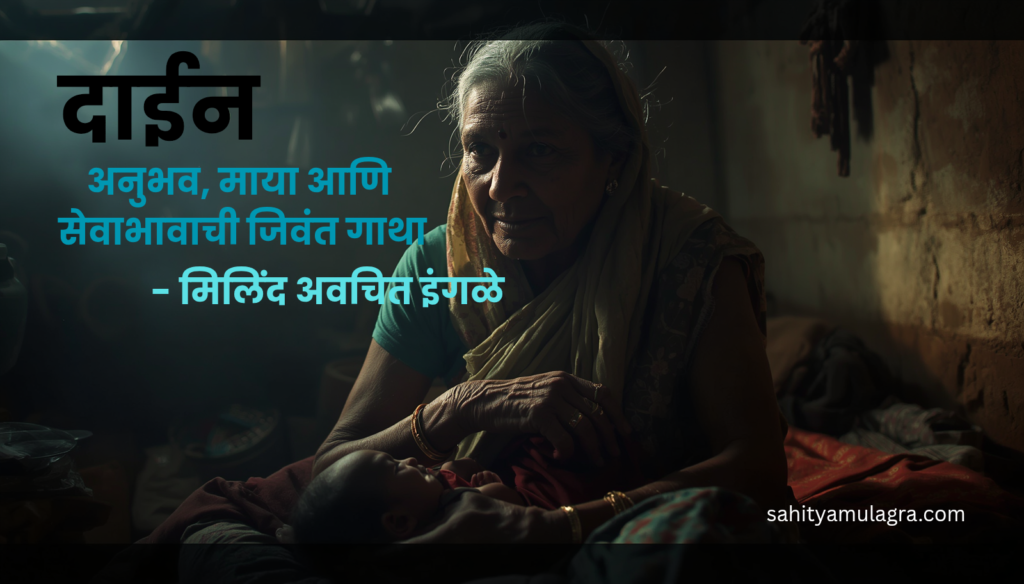 नऊवारी साडी परिधान केलेली, हातात काठी घेतलेली वृद्ध ग्रामीण सुईण नवजात बाळाला प्रेमाने हातात धरून उभी आहे. तिच्या चेहऱ्यावर अनुभव, माया आणि आत्मविश्वास झळकत आहे. पार्श्वभूमीत ग्रामीण घर आणि मातृत्वाचे भावपूर्ण वातावरण.