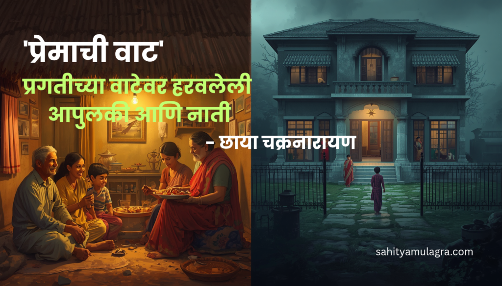 आधुनिक बंगल्याच्या एका बाजूला मोबाईल आणि तंत्रज्ञानात गुंतलेले कुटुंबीय, तर दुसऱ्या बाजूला आठवणींतील साधी झोपडी, प्रेमाने भरलेले कुटुंब आणि जिव्हाळ्याचे नाते दर्शविणारे भावनिक चित्र.