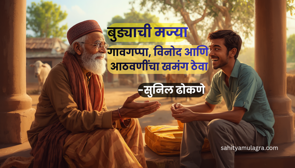 गावातील ओसरीवर बसलेले एक वयोवृद्ध आजोबा आणि त्यांच्याशी गप्पा मारणारा तरुण. ग्रामीण वातावरण, विनोदी संवाद, चेहऱ्यावर मिश्किल हास्य आणि आठवणींनी भरलेले प्रसंग दर्शविणारे जिवंत चित्र.