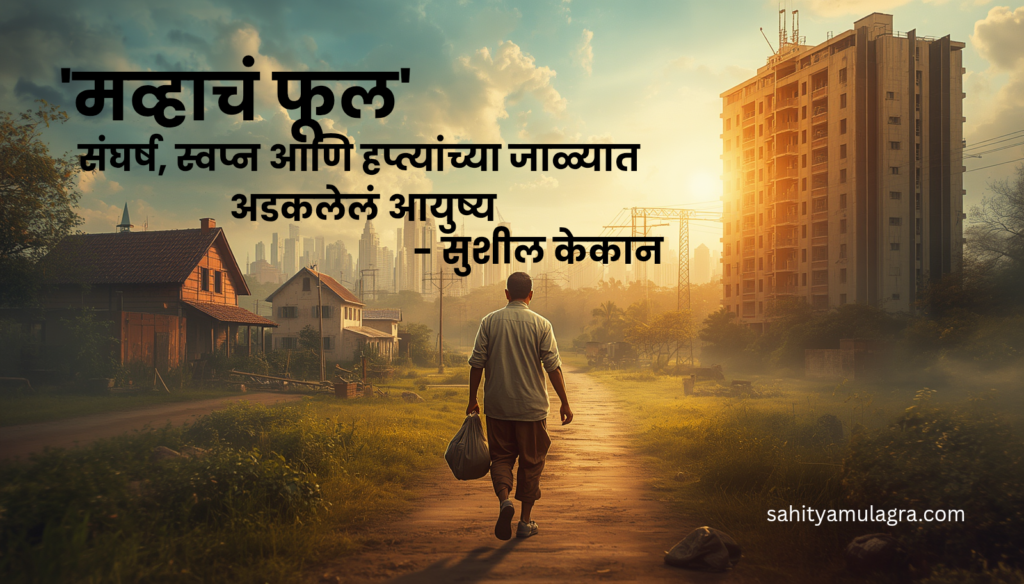 ग्रामीण पार्श्वभूमीतून शहरात संघर्ष करत स्वतःच्या मेहनतीवर उभा राहिलेला एक सामान्य माणूस. एका हातात जुन्या कापडी पिशवी, तर पार्श्वभूमीत शाळा, रेल्वे स्टेशन आणि आधुनिक अपार्टमेंट. चेहऱ्यावर कष्ट, आशा आणि जबाबदारीचे भाव.