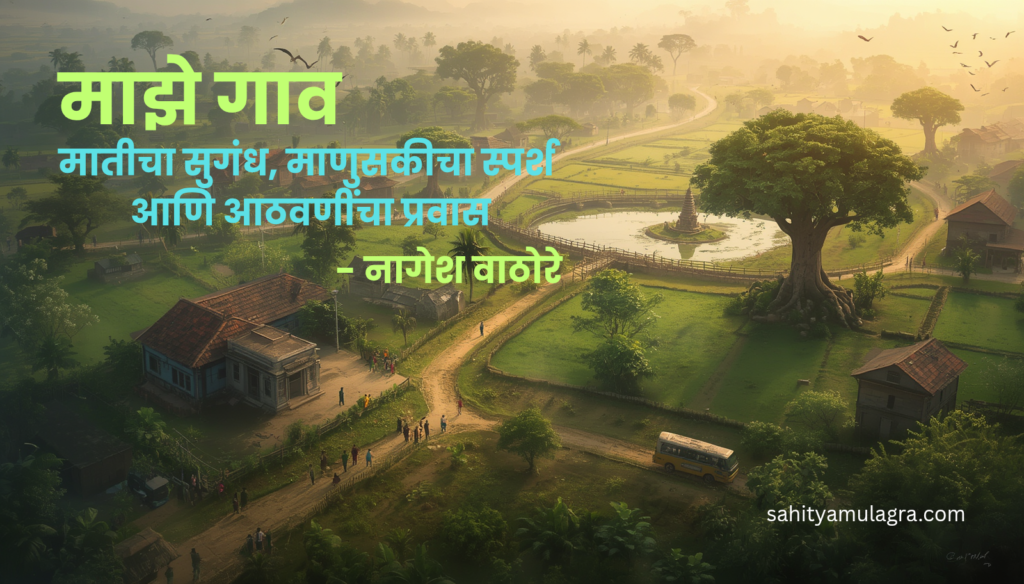 बुलढाणा जिल्ह्यातील एका निसर्गरम्य मराठी खेड्याचे विहंगम दृश्य. हिरवीगार शेती, कौलारू घरे, गावातील मंदिर, जिल्हा परिषद शाळा, बसस्थानक, पाण्याची टाकी आणि वळणावळणाच्या पायवाटा यांमधून ग्रामीण जीवनाचे सुंदर दर्शन घडत आहे.