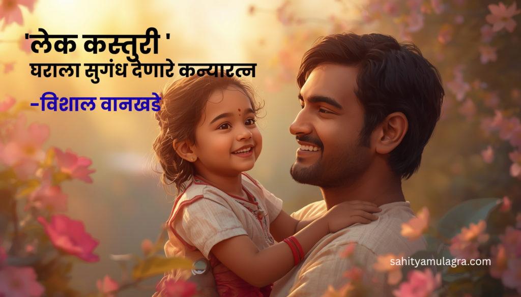 वडिलांच्या कुशीत हसतमुख बसलेली लहान मुलगी. तिच्या निरागस चेहऱ्यावर आनंद झळकत आहे. वडिलांच्या डोळ्यांत प्रेम, अभिमान आणि मायेची भावना दिसत असून आजूबाजूला उबदार कौटुंबिक वातावरण आहे.