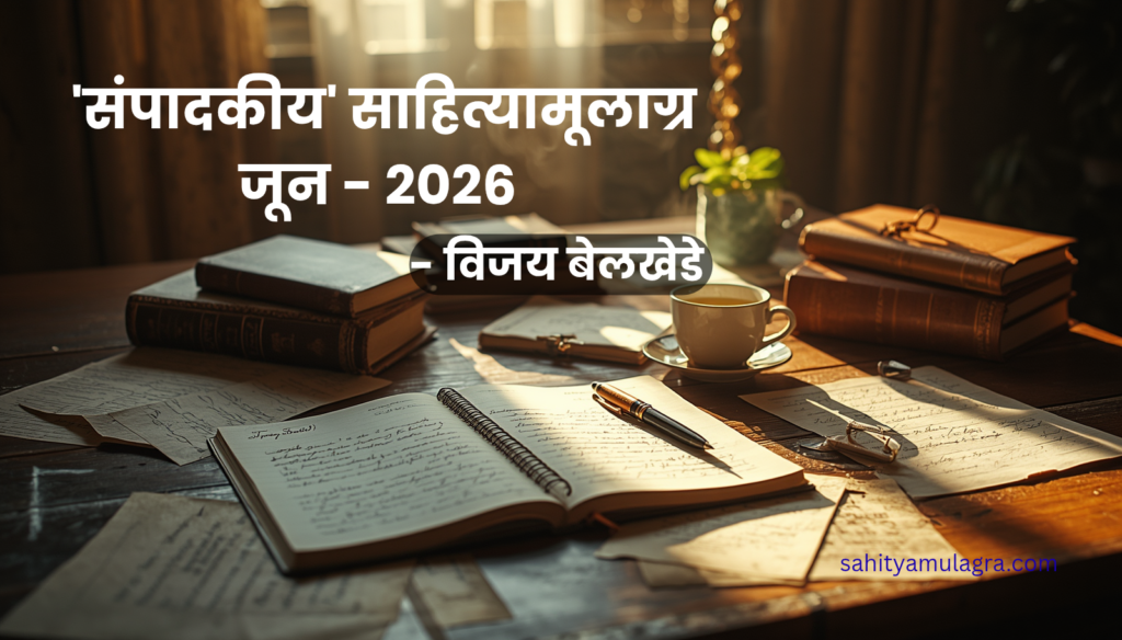 टेबलावर ठेवलेले उघडे पुस्तक, लेखणी, वही आणि चहाचा कप. खिडकीतून येणाऱ्या सकाळच्या प्रकाशात लेखन, चिंतन आणि संपादकीय विचारांचे प्रतीकात्मक दृश्य.
