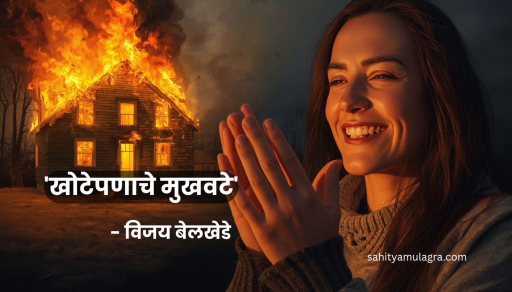 या चित्रामध्ये एका भयानक आगीत जळणाऱ्या घराच्या पार्श्वभूमीवर एक स्त्री अत्यंत निर्विकारपणे आणि मजेत हसताना, तसेच त्या आगीवर आपले हात शेकताना दिसत आहे, जे संवेदनहीनतेचे आणि स्वार्थाचे अचूक प्रतीक आहे. चित्रावर 'खोटेपणाचे मुखवटे - विजय बेलखेडे' असे शीर्षक आणि तळाशी sahityamulagra.com असा उल्लेख आहे.