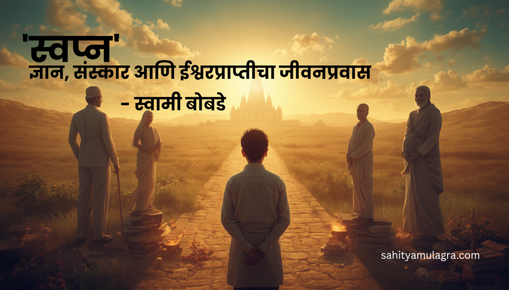 हात जोडून आई-वडील, गुरु आणि ईश्वरासमोर नम्रतेने उभा असलेला एक तरुण. पार्श्वभूमीत उगवता सूर्य, पुस्तके, ज्ञानाचे प्रतीक असलेला दीप आणि आध्यात्मिक वातावरण. जीवनमूल्ये, ज्ञान आणि संस्कार यांचे प्रतीकात्मक चित्र.