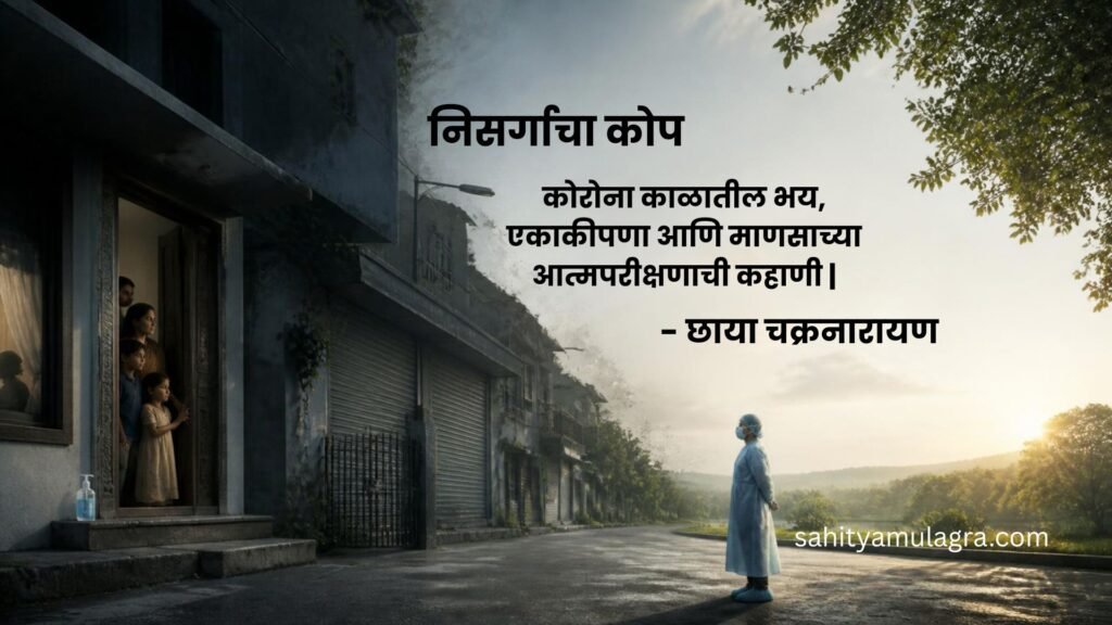 कोरोना महामारीच्या काळातील बंदिस्त जीवन, भीती, सामाजिक अंतर, रुग्णसेवा आणि निसर्गाच्या कोपाचे प्रतीकात्मक चित्रण