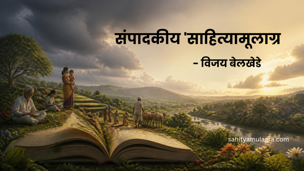 सप्टेंबर २०२६ च्या साहित्यामूलाग्र अंकातील विविध साहित्यप्रकार, निसर्ग, शेतकरी, माणुसकी आणि सामाजिक संवेदनशीलता दर्शविणारे संपादकीय चित्र
